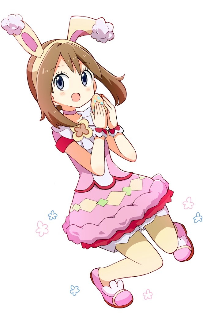 1girl :d animal_ears bangs blush brown_hair choker commentary_request disconnected_mouth dress easter egg eyebrows_visible_through_hair fake_animal_ears full_body hands_up happy holding holding_egg looking_at_viewer may_(pokemon) medium_hair nmemoton open_mouth pink_choker pink_dress pink_footwear pokemon pokemon_(game) pokemon_masters_ex rabbit_ears short_sleeves simple_background smile solo white_background wrist_cuffs