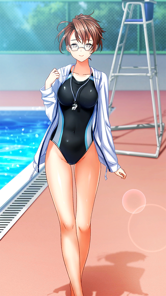 1girl black_swimsuit breasts brown_eyes brown_hair closed_mouth collarbone competition_swimsuit covered_navel day doukyuusei_another_world game_cg glasses hood hooded_jacket jacket kakyuusei_2 lens_flare long_sleeves looking_at_viewer medium_breasts official_art one-piece_swimsuit open_clothes open_jacket outdoors poolside shiny shiny_hair short_hair smile solo standing sunlight swimsuit thigh_gap tied_hair whistle white_jacket yokomizo_fumi