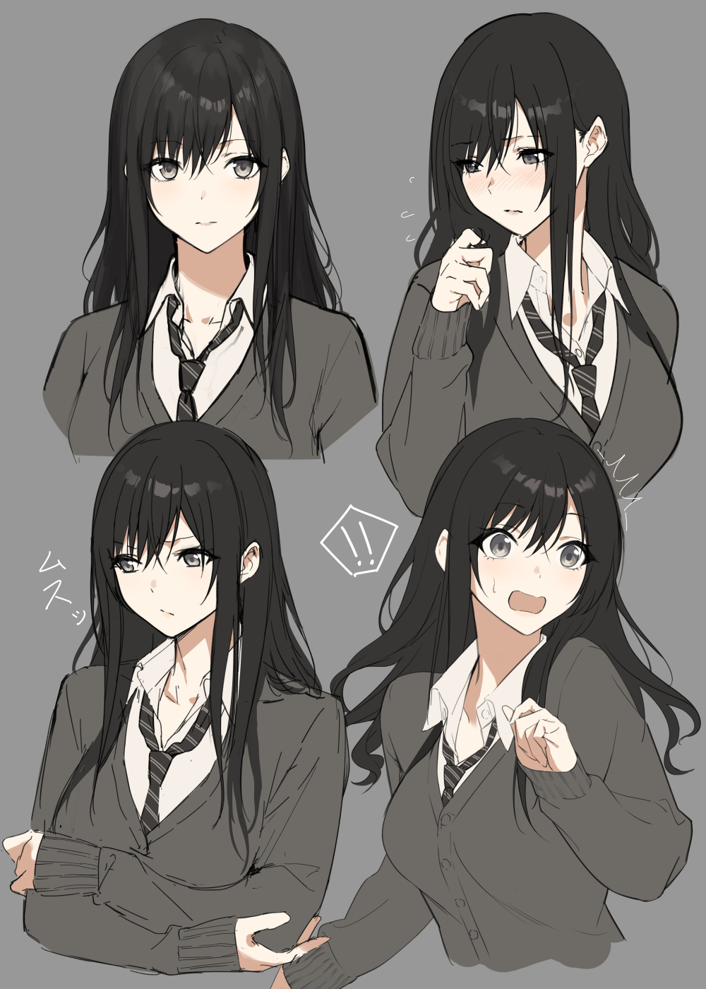 ! !! 1girl ^^^ angry black_hair black_neckwear blush breasts cardigan closed_mouth collared_shirt commentary crossed_arms dress_shirt embarrassed expressionless eyebrows_visible_through_hair grey_background grey_cardigan grey_eyes hair_between_eyes highres holding holding_hair lips long_hair looking_at_viewer looking_away medium_breasts multiple_views necktie open_mouth original shirt simple_background sola_(solo0730) straight_hair striped striped_neckwear surprised sweatdrop upper_body white_shirt wing_collar