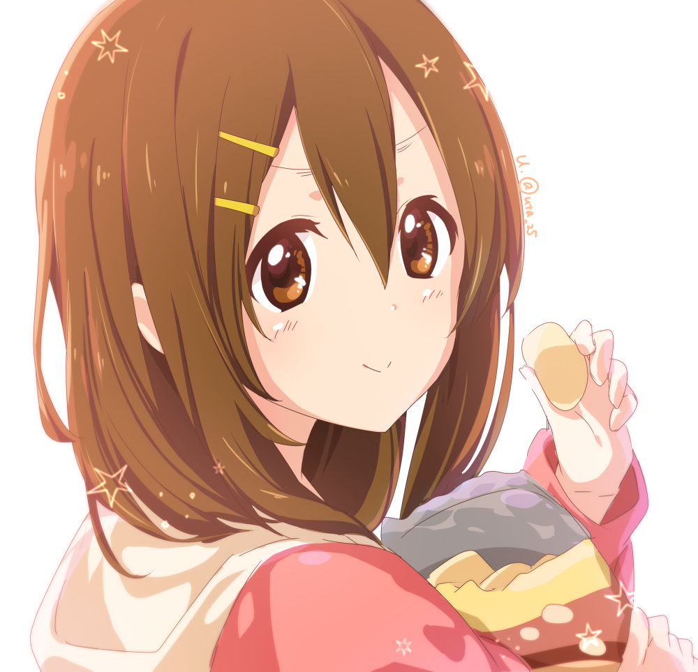 1girl alternate_hairstyle atu bangs brown_hair chips close-up closed_mouth commentary_request eating food from_behind ground hair_between_eyes hair_ornament hairclip hirasawa_yui holding holding_food hood hoodie k-on! light_blush long_hair long_sleeves looking_at_viewer potato_chips signature simple_background smile solo star_(symbol)