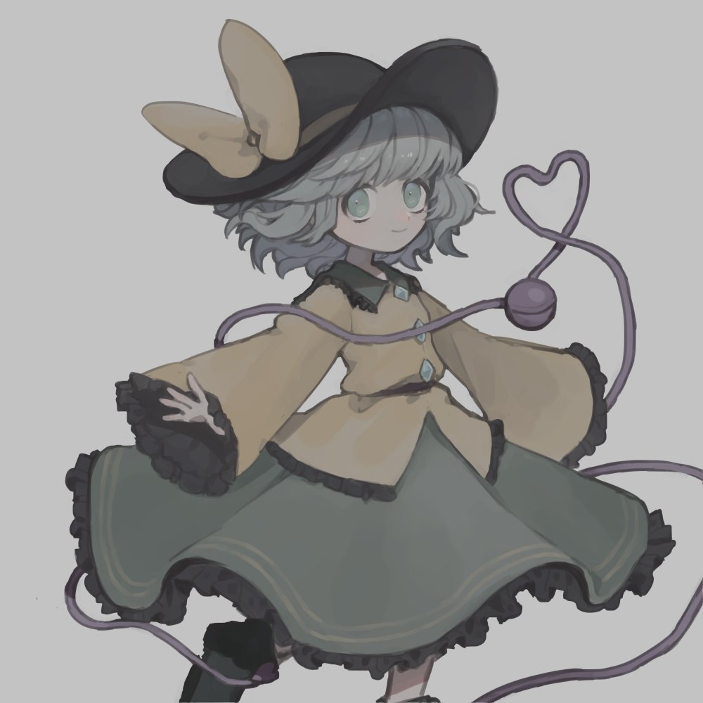 1girl bangs black_footwear black_headwear boots bow frilled_skirt frills green_eyes green_skirt grey_background grey_hair hat hat_bow heart heart_of_string komeiji_koishi long_sleeves pi_p_y revision shirt simple_background skirt smile solo third_eye touhou wide_sleeves yellow_bow yellow_shirt