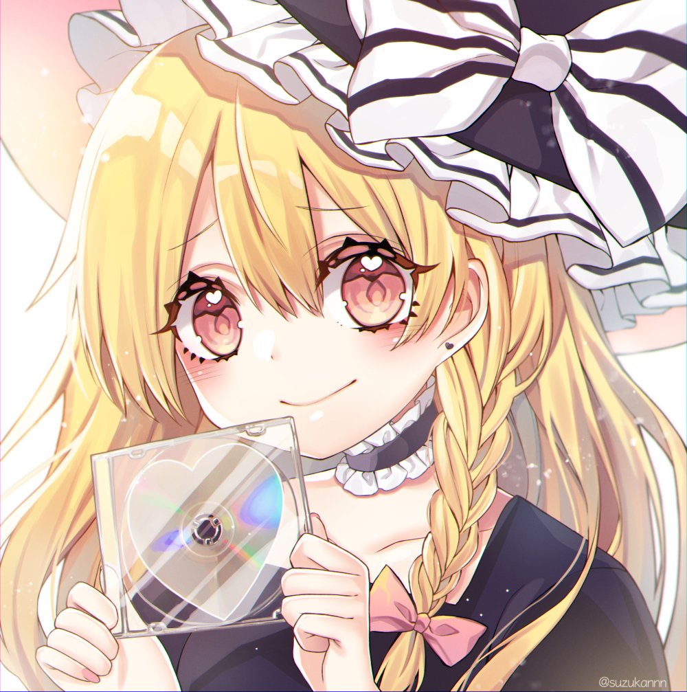 1girl album_cover artist_name bangs black_clothes black_headwear black_neckwear blonde_hair blush bow closed_mouth cover eyebrows_visible_through_hair hair_ornament hands_up hat kirisame_marisa kyouda_suzuka long_hair looking_at_viewer md5_mismatch orange_eyes pink_bow short_sleeves short_twintails simple_background sleeveless smile solo touhou twintails white_background white_bow witch_hat