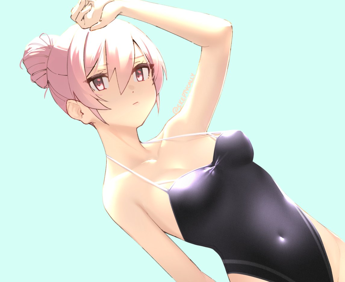 1girl bare_shoulders bikini black_bikini blue_background breasts character_request copyright_request covered_navel covered_nipples hair_between_eyes one-piece_swimsuit pink_eyes pink_hair simple_background skeptycally solo swimsuit
