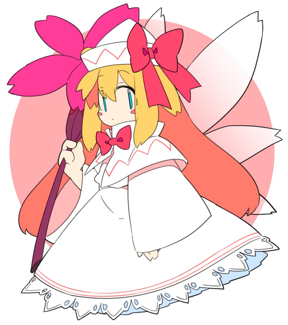 1girl bangs blonde_hair bow bowtie capelet cropped_legs dress fairy fairy_wings flower frilled_dress frills hat hat_bow holding holding_flower ini_(inunabe00) lily_white long_dress long_hair red_bow red_neckwear sidelocks sleeves_past_wrists solo touhou white_dress wide_sleeveas wings