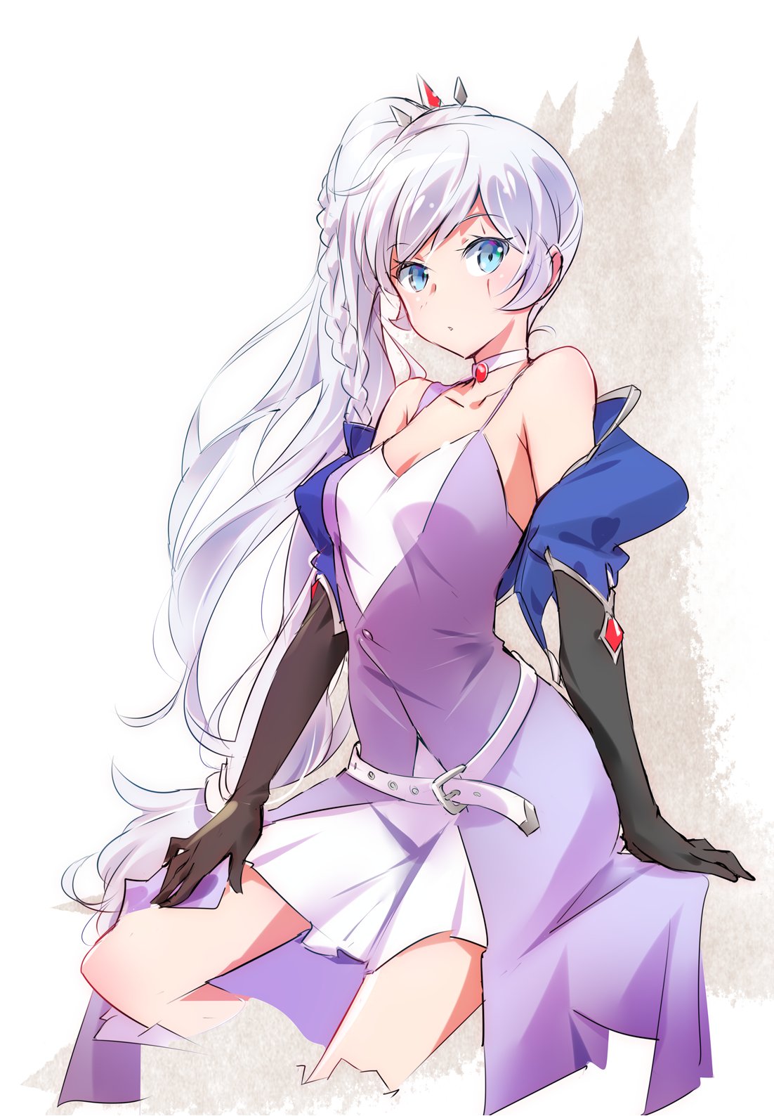 1girl bare_shoulders belt blue_eyes breasts choker collarbone cropped_jacket dress elbow_gloves gloves highres iesupa long_hair off_shoulder ponytail rwby scar scar_across_eye side_ponytail solo tiara weiss_schnee white_hair