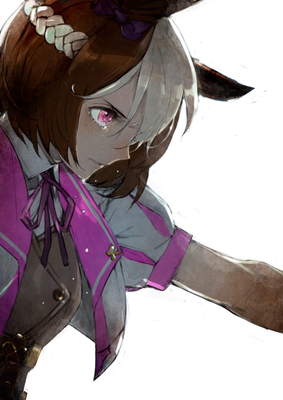 1girl animal_ears brown_coat brown_hair coat commentary cropped_jacket crying crying_with_eyes_open determined eyelashes from_side furrowed_eyebrows hair_between_eyes highres horse_ears horse_girl jacket multicolored_hair neck_ribbon parted_lips pink_eyes pink_ribbon profile ribbon rope shirt short_hair short_sleeves simple_background solo special_week_(umamusume) tears toi8 two-tone_hair umamusume upper_body white_background white_hair white_jacket white_shirt wing_collar