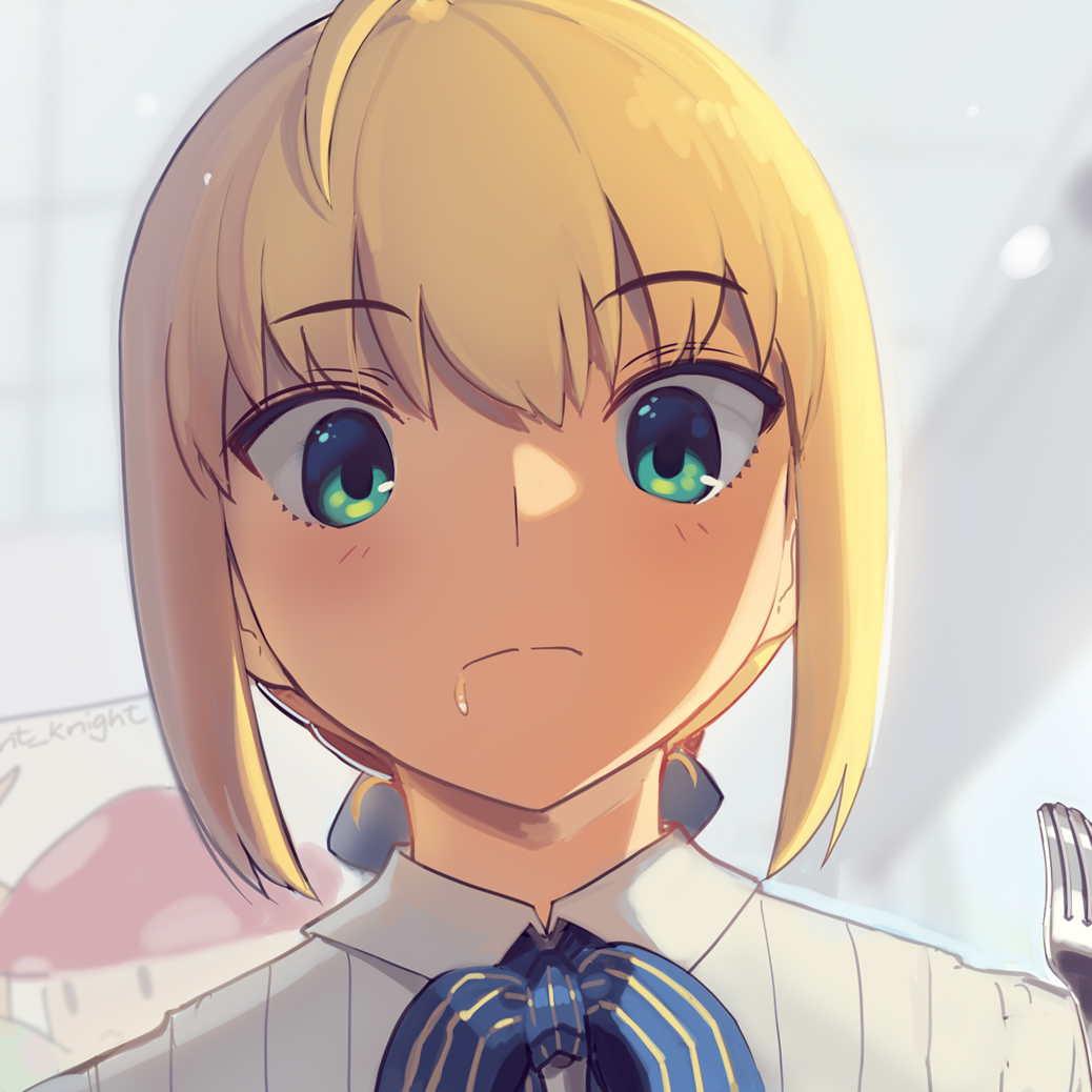 1girl ahoge artoria_pendragon_(all) blonde_hair boa_(brianoa) bow bowtie burger ceiling close-up closed_mouth collared_shirt commentary_request drooling eyebrows_visible_through_hair eyes_visible_through_hair fate/stay_night fate_(series) food fork green_eyes hair_between_eyes holding holding_fork indoors light_blush pinstripe_pattern pinstripe_shirt restaurant saber saliva shirt short_hair solo striped tile_ceiling tiles two-tone_neckwear