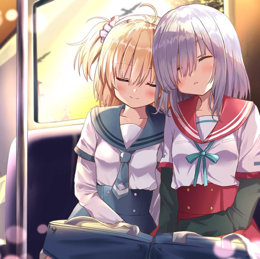 2girls ayano_rika bag blonde_hair blush closed_eyes closed_mouth isuzu_ren long_sleeves magia_record:_mahou_shoujo_madoka_magica_gaiden mahou_shoujo_madoka_magica multiple_girls parted_lips rikopin school_bag school_uniform short_hair silver_hair sitting sleeping sleeping_upright smile train_interior twintails