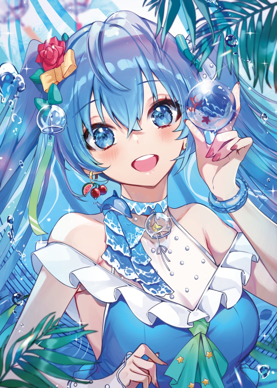 1girl :d alracoco ascot bare_shoulders blue_dress blue_eyes blue_hair blush breasts cherry dress earrings fern flower food food_themed_earrings fruit glint hair_flower hair_ornament hand_up hatsune_miku highres jewelry large_breasts long_hair looking_at_viewer nail_polish open_mouth red_flower red_nails red_rose rose smile solo twintails upper_body vocaloid water watermelon