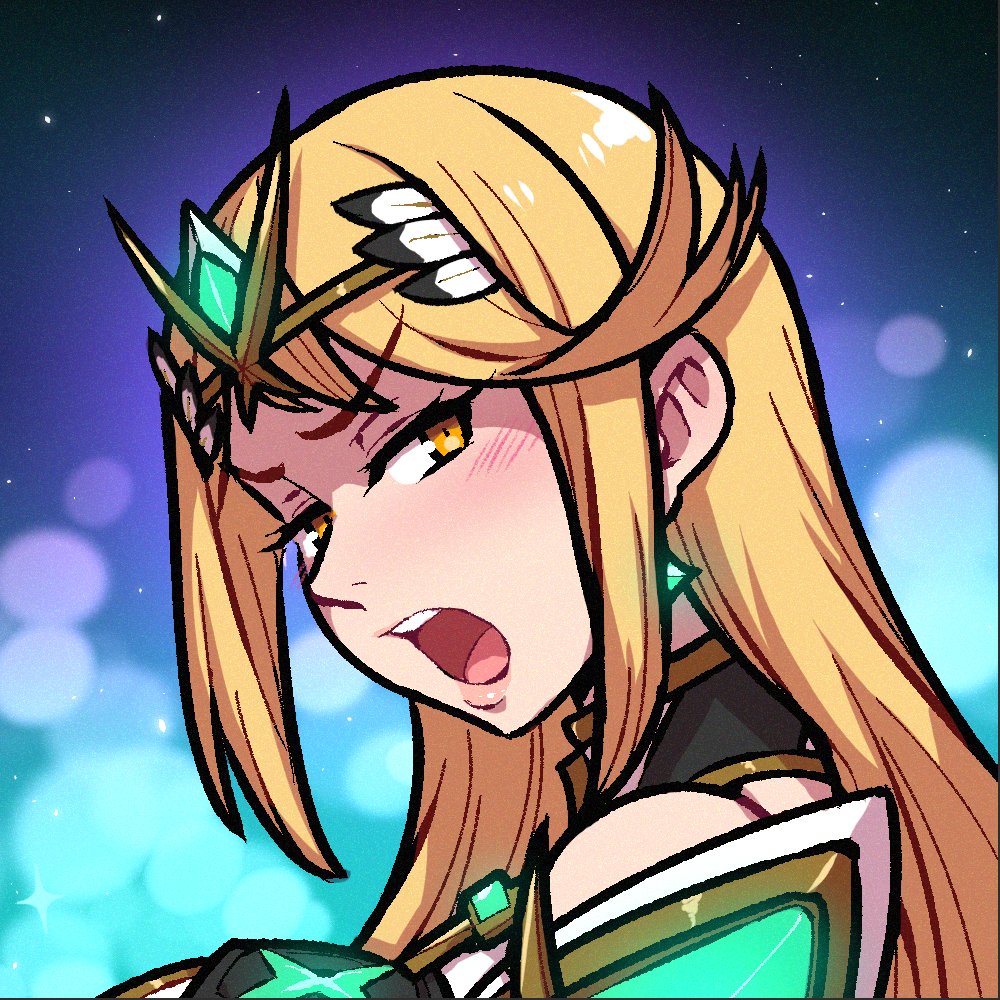 1girl akairiot blonde_hair blush commission earrings from_side glowing jewelry long_hair mythra_(xenoblade) open_mouth portrait smile solo xenoblade_chronicles_(series) xenoblade_chronicles_2