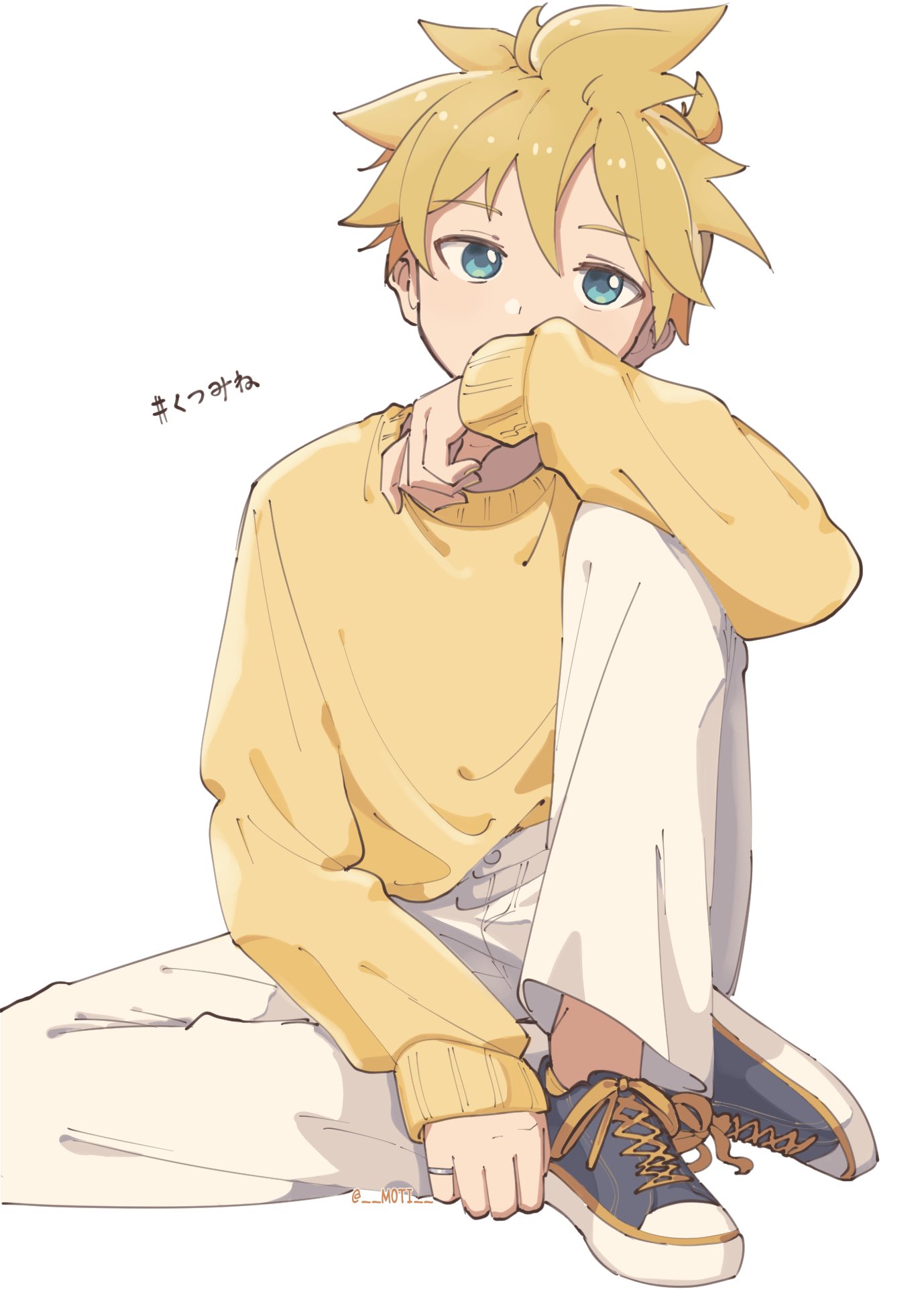 1boy aqua_eyes arm_on_knee blonde_hair blue_footwear commentary covering_mouth expressionless full_body hashtag highres jewelry kagamine_len knee_up m0ti male_focus pants pinky_ring ribbed_sweater ring shoes sitting sneakers solo spiky_hair sweater twitter_username vocaloid white_background white_pants yellow_sweater