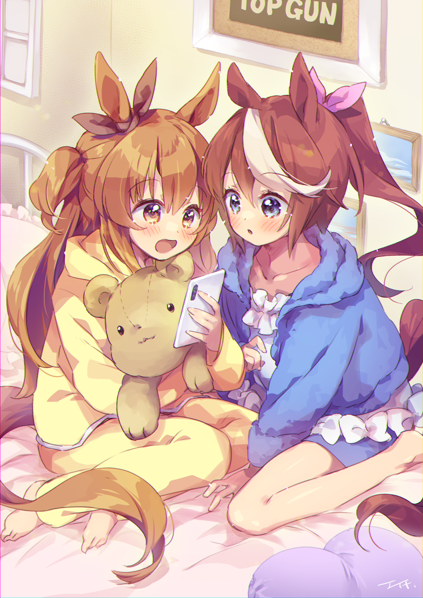 2girls :d :o animal_ears bangs barefoot blue_eyes blue_jacket blush bow brown_eyes brown_hair brown_ribbon cellphone collarbone commentary_request ear_ribbon ech eyebrows_visible_through_hair frilled_pillow frills hair_between_eyes hair_ribbon heart heart_pillow high_ponytail highres holding holding_phone hood hood_down hooded_jacket horse_ears horse_girl horse_tail indoors jacket long_hair long_sleeves mayano_top_gun_(umamusume) multicolored_hair multiple_girls object_hug on_bed open_clothes open_jacket open_mouth orange_eyes orange_hair pajamas parted_lips phone picture_(object) pillow pink_ribbon ponytail ribbon signature sitting smartphone smile streaked_hair stuffed_animal stuffed_toy tail teddy_bear tokai_teio_(umamusume) twintails two-tone_hair two_side_up umamusume very_long_hair wariza white_bow white_hair yellow_pajamas yokozuwari