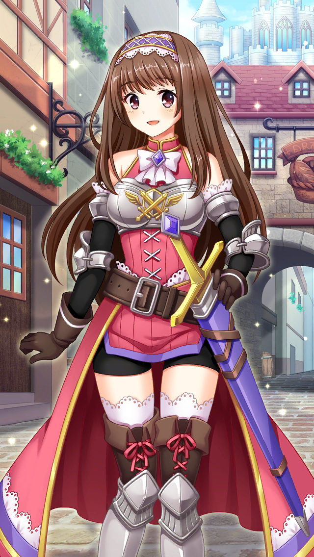 1girl :d armor armored_boots bangs belt belt_buckle bike_shorts black_shorts black_sleeves blush boots breastplate brown_belt brown_eyes brown_footwear brown_gloves brown_hair buckle cape day detached_sleeves doukyuusei_another_world eyebrows_visible_through_hair game_cg gloves kakyuusei long_hair long_sleeves official_art open_mouth outdoors pink_cape purple_headband road scabbard sheath sheathed shiny shiny_hair short_shorts shorts smile solo standing street thigh-highs very_long_hair waist_cape white_legwear yuuki_mizuho zettai_ryouiki