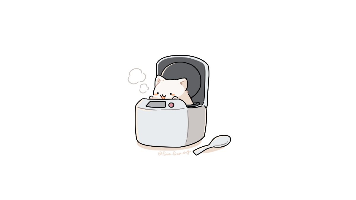 :3 animal animal_focus artist_name black_eyes blush_stickers dog fluffy fuwa_fuwa_dog in_container no_humans open_mouth original rice_cooker rice_spoon shadow simple_background solid_circle_eyes solo steam twitter_username white_background
