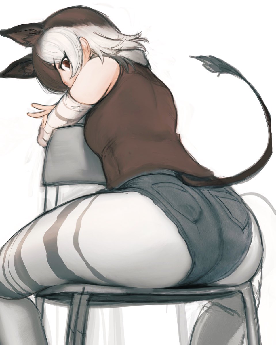 1girl animal_ears animal_print arm_rest ass ass_focus bare_shoulders brown_eyes brown_hair brown_shirt chair crossed_arms denim denim_shorts detached_sleeves extra_ears eyebrows_visible_through_hair from_behind grey_hair hand_rest head_tilt kemono_friends leaning_forward legwear_under_shorts looking_at_viewer medium_hair multicolored_hair okapi_(kemono_friends) okapi_ears okapi_tail pantyhose pocket print_legwear print_sleeves shibori_kasu shirt short_shorts shorts sidelocks sideways_glance simple_background sitting sketch solo spread_legs tail two-tone_hair v white_background