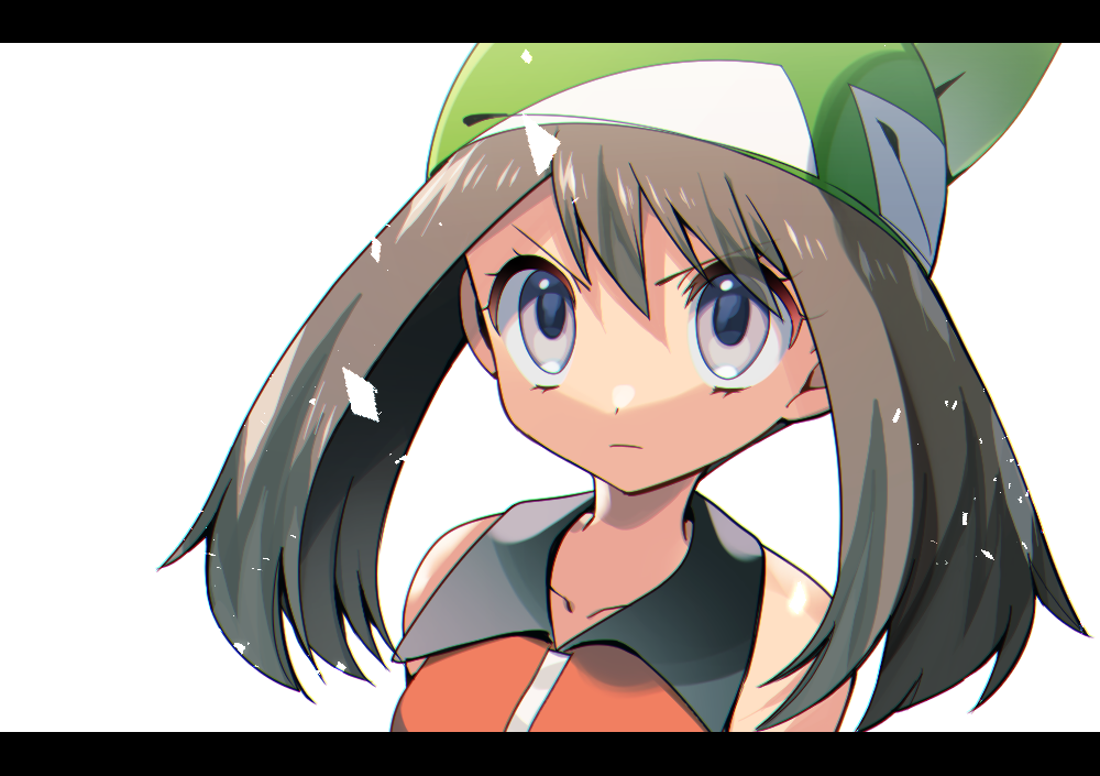 1girl bangs brown_hair closed_mouth collarbone commentary_request eyebrows_visible_through_hair eyelashes green_bandana letterboxed long_hair may_(pokemon) pokemon pokemon_(game) pokemon_emerald pokemon_rse serious shiny shiny_skin sleeveless solo upper_body yuihico
