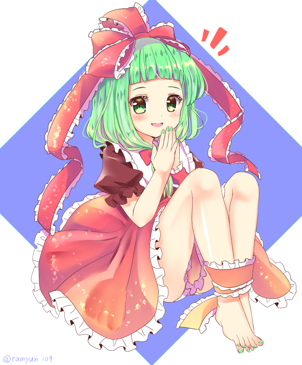 1girl :d barefoot blush bow brown_dress commentary_request dress feet frills front_ponytail full_body green_eyes green_hair green_nails hair_bow hands_together kagiyama_hina knees_up looking_at_viewer nail_polish open_mouth ramudia_(lamyun) red_bow short_bangs simple_background sitting smile solo toes touhou white_background