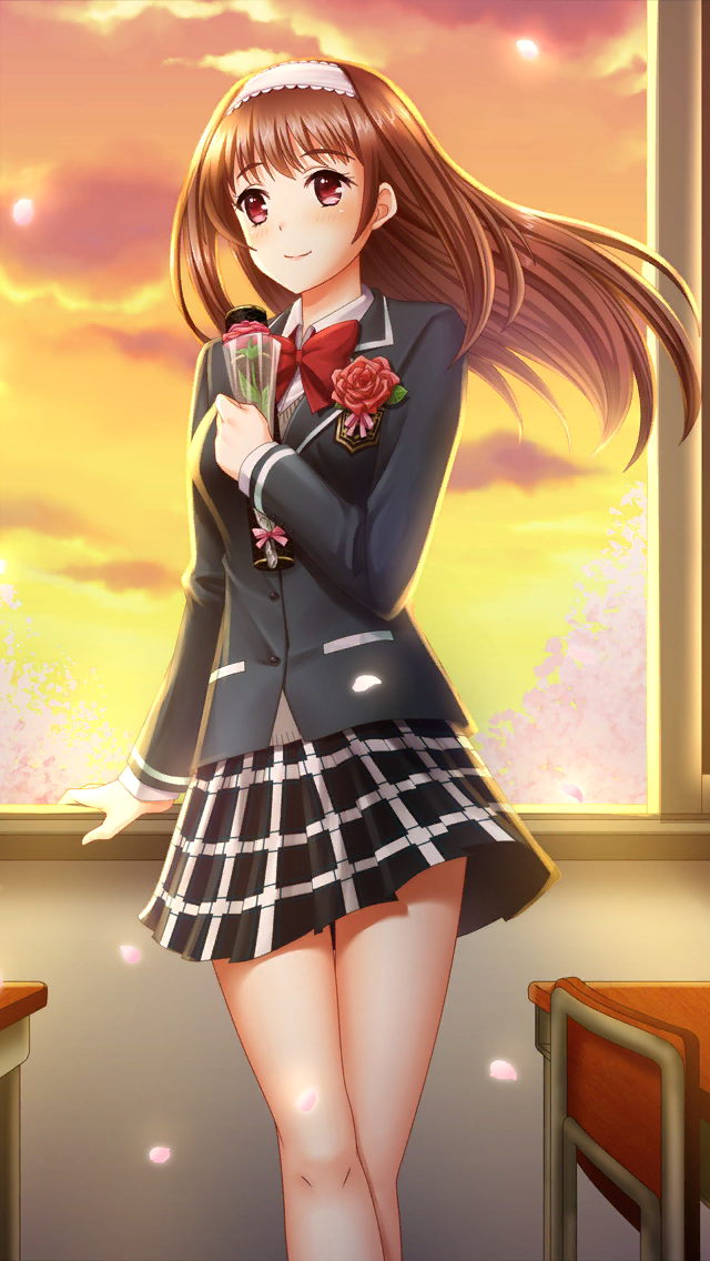 1girl bangs black_jacket black_skirt blush bow bowtie brown_hair classroom closed_mouth clouds collared_shirt doukyuusei_another_world dusk eyebrows_visible_through_hair floating_hair game_cg hairband indoors jacket kakyuusei long_hair long_sleeves miniskirt official_art plaid plaid_skirt pleated_skirt red_bow red_eyes red_neckwear school_uniform shiny shiny_hair shirt skirt smile solo standing white_hairband white_shirt wing_collar yellow_sky yuuki_mizuho