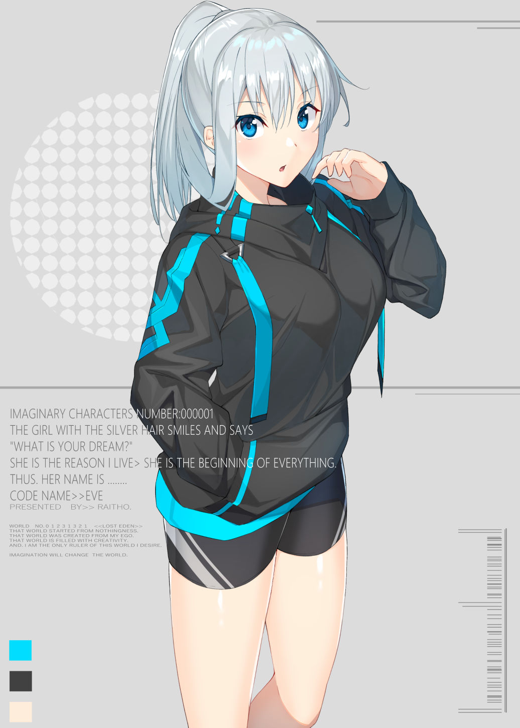 1girl :o bike_shorts black_jacket black_shorts blue_eyes color_guide cowboy_shot english_commentary english_text engrish_text grey_background hand_in_pocket highres jacket long_sleeves looking_at_viewer medium_hair original parted_lips ponytail raitho104 ranguage shorts silver_hair solo standing