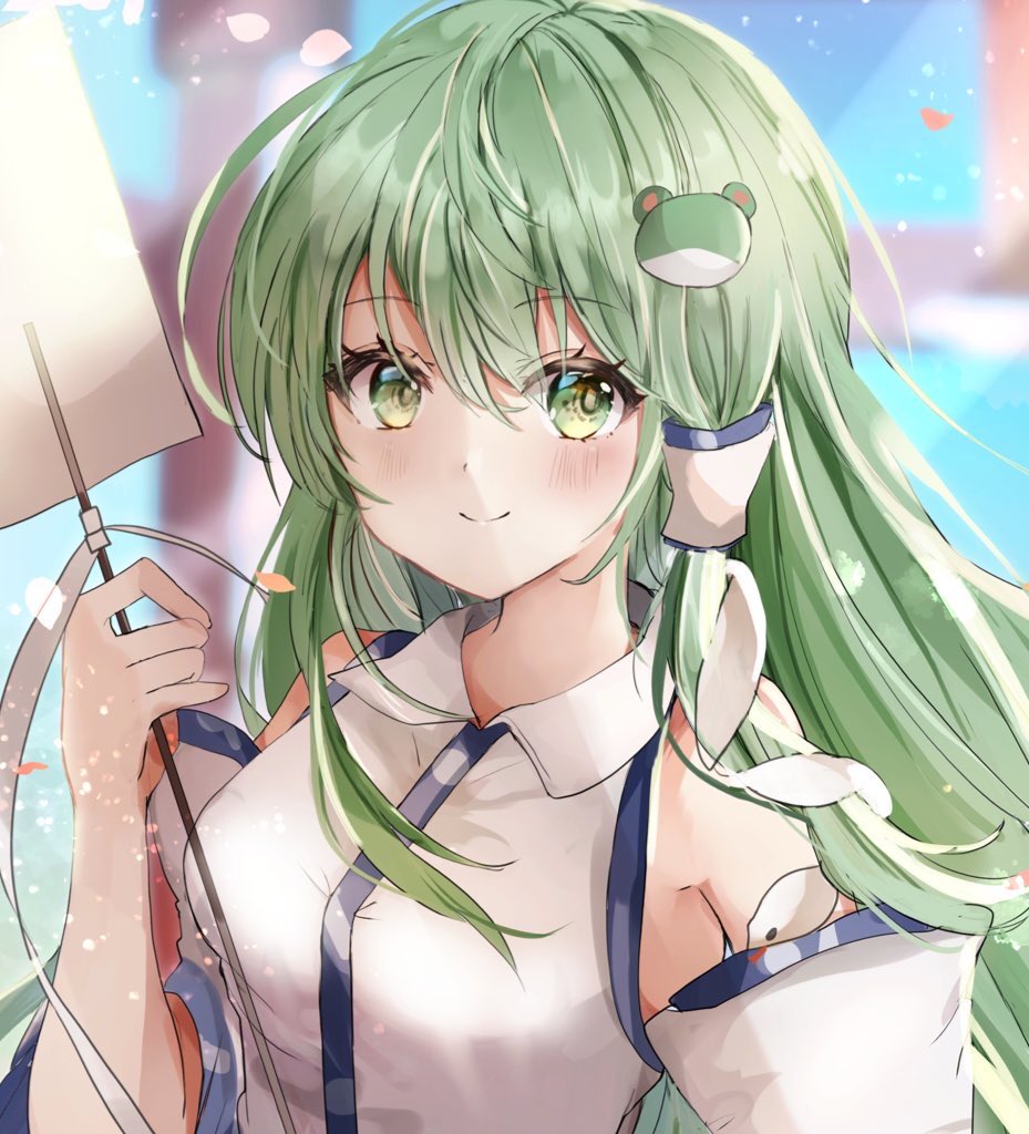 1girl bare_shoulders blue_skirt blurry blurry_background blush breasts day detached_sleeves frog_hair_ornament gohei green_eyes green_hair hair_ornament hair_tubes hand_up holding holding_stick kochiya_sanae large_breasts long_hair maruro outdoors shirt simple_background skirt sky smile snake_hair_ornament solo stick touhou upper_body very_long_hair white_background white_shirt wide_sleeves