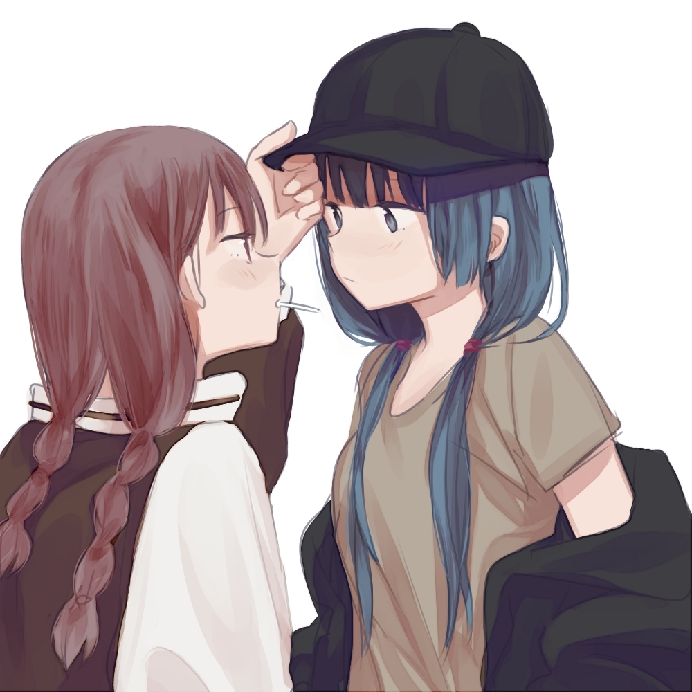 2girls baseball_cap blue_hair braid brown_hair eye_contact hand_on_another's_hat hat inuko_(ink0425) jacket long_hair looking_at_another low_twin_braids low_twintails mouth_hold multiple_girls off_shoulder original twin_braids twintails white_background
