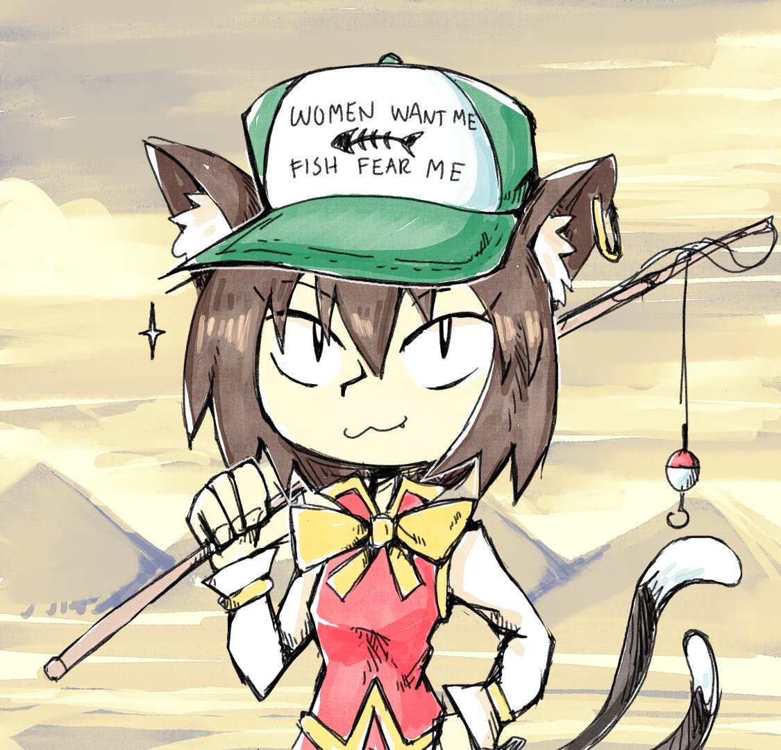 1girl :3 animal_ears bangs baseball_cap bow bowtie brown_hair cat_ears cat_tail chen closed_mouth commentary english_commentary fishing_rod hair_between_eyes hat holding holding_fishing_rod long_sleeves looking_at_viewer lure multiple_tails red_skirt red_vest setz shirt short_hair skirt skirt_set solo sparkle tail touhou two_tails upper_body vest white_shirt women_fear_me_fish_fear_me_(hat) yellow_neckwear