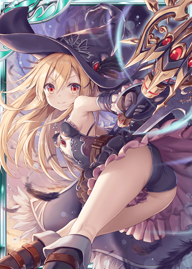 &gt;:) 1girl akkijin armpits ass bare_shoulders blonde_hair boots breasts dress feathers frills hat holding holding_staff holding_weapon looking_at_viewer official_art red_eyes shinkai_no_valkyrie small_breasts staff underwear weapon witch witch_hat