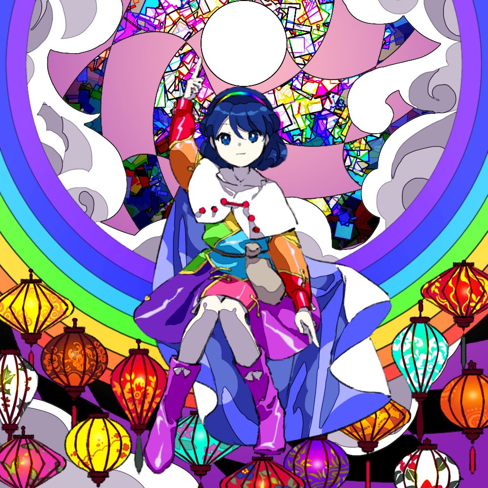 1girl bangs blue_eyes blue_hair boots cape clouds dress footwear_ribbon full_body hair_between_eyes kaigen_1025 knees_together_feet_apart lantern looking_at_viewer multicolored multicolored_clothes multicolored_dress multicolored_hairband pointing pointing_down pointing_up pose purple_footwear rainbow rainbow_gradient short_hair sitting sky_print solo tenkyuu_chimata touhou two-sided_cape two-sided_fabric white_cape