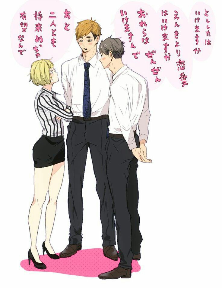 1girl 2boys adam's_apple age_difference arms_behind_back arms_under_breasts belt belt_buckle black_footwear black_pants black_skirt blonde_hair blue_neckwear blush blush_stickers breast_hold breasts brothers brown_footwear buckle collared_shirt crossed_arms ebi_(eeemimn) eyebrows eyelashes formal full_body grey_hair grin haikyuu!! height_difference high_heels large_breasts long_sleeves looking_at_another miniskirt miya_atsumu miya_osamu multicolored_hair multiple_boys necktie open_mouth pants pink_lips shadow shirt shoes short_hair siblings skirt smile speech_bubble standing striped striped_shirt tanaka_saeko_(haikyuu!!) teeth text_focus tongue translation_request twins two-tone_hair vertical-striped_shirt vertical_stripes white_shirt