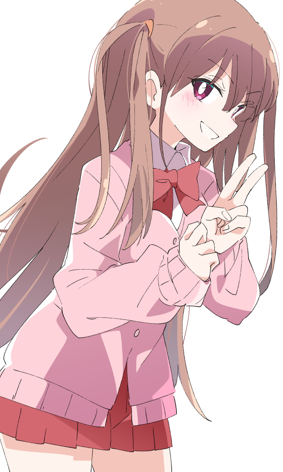 1girl atarashi_ako blush bow bowtie brown_hair cardigan clenched_teeth commentary_request eyebrows_visible_through_hair hair_between_eyes ixy long_hair long_sleeves looking_at_viewer pink_cardigan pleated_skirt red_eyes red_neckwear red_skirt saki saki_achiga-hen school_uniform shirt simple_background skirt smile solo teeth thighs two_side_up v white_background white_shirt