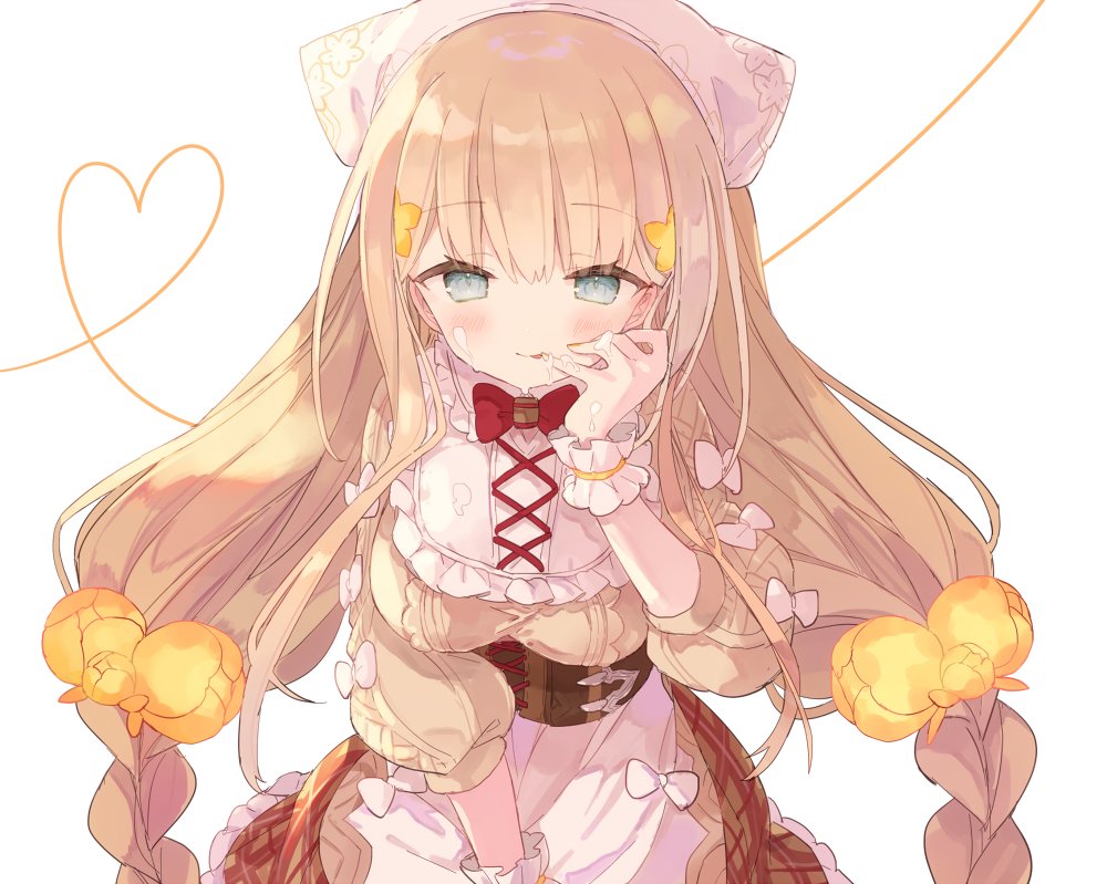 1girl apron bangs bent_over blonde_hair blue_eyes bow bowtie braid breasts corset flower hair_flower hair_ornament headdress heart heart_of_string icing large_breasts licking long_hair looking_at_viewer mizumizu_(phoenix) plaid plaid_skirt rapunzel_(sinoalice) sinoalice skirt solo tongue tongue_out twintails white_background wrist_cuffs yellow_flower yellow_nails