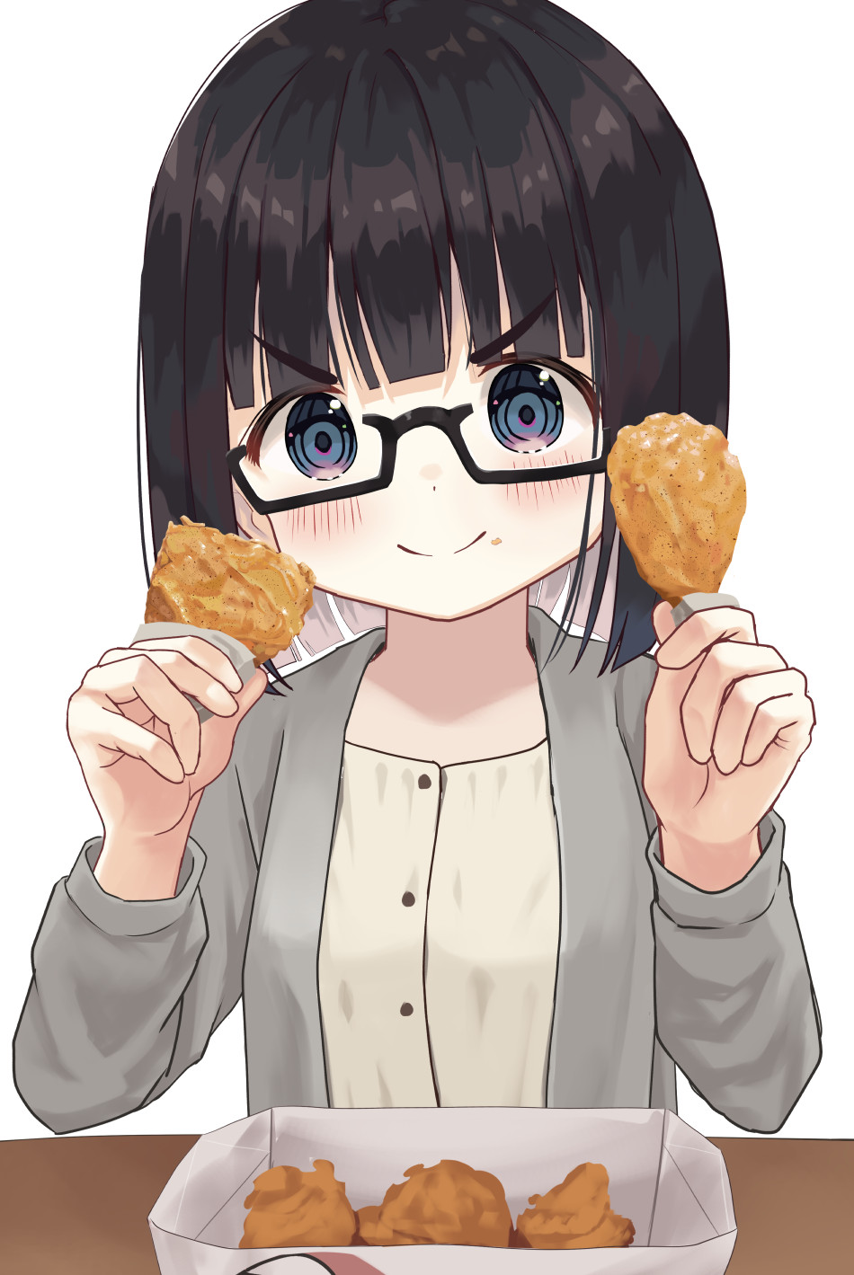 &gt;:) 1girl bangs black-framed_eyewear black_hair blue_eyes blush breasts closed_mouth dress eyebrows_visible_through_hair food food_on_face glasses grey_jacket hands_up highres holding holding_food jacket long_sleeves looking_at_viewer mimikaki_(men_bow) open_clothes open_jacket original semi-rimless_eyewear simple_background small_breasts smile solo under-rim_eyewear v-shaped_eyebrows white_background white_dress