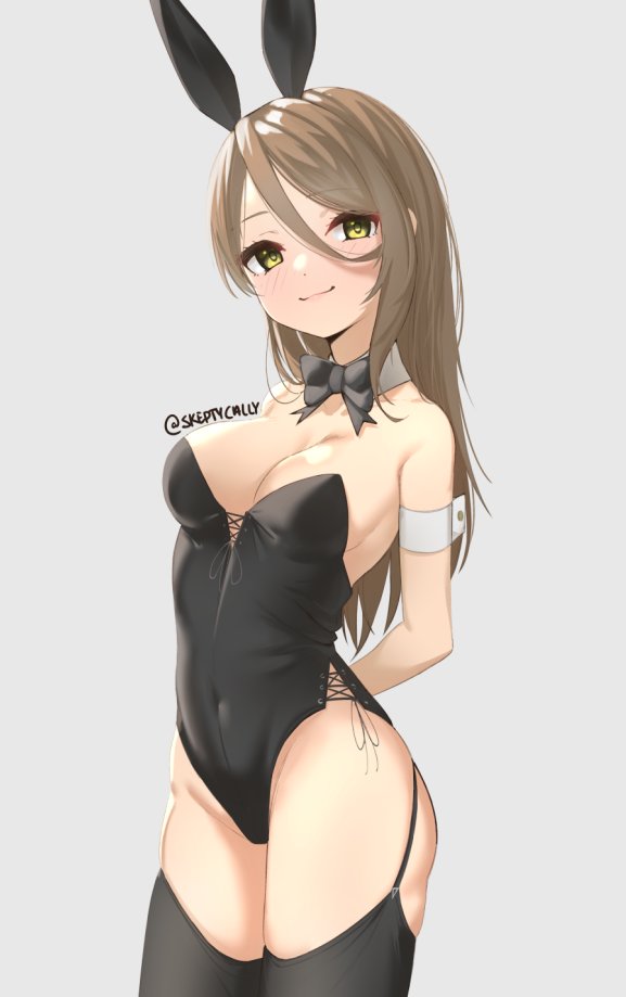 1girl animal_ears bare_shoulders black_legwear blush bow bowtie brown_hair covered_navel detached_collar grey_background hair_between_eyes long_hair original playboy_bunny rabbit_ears simple_background skeptycally solo thigh-highs wrist_cuffs yellow_eyes