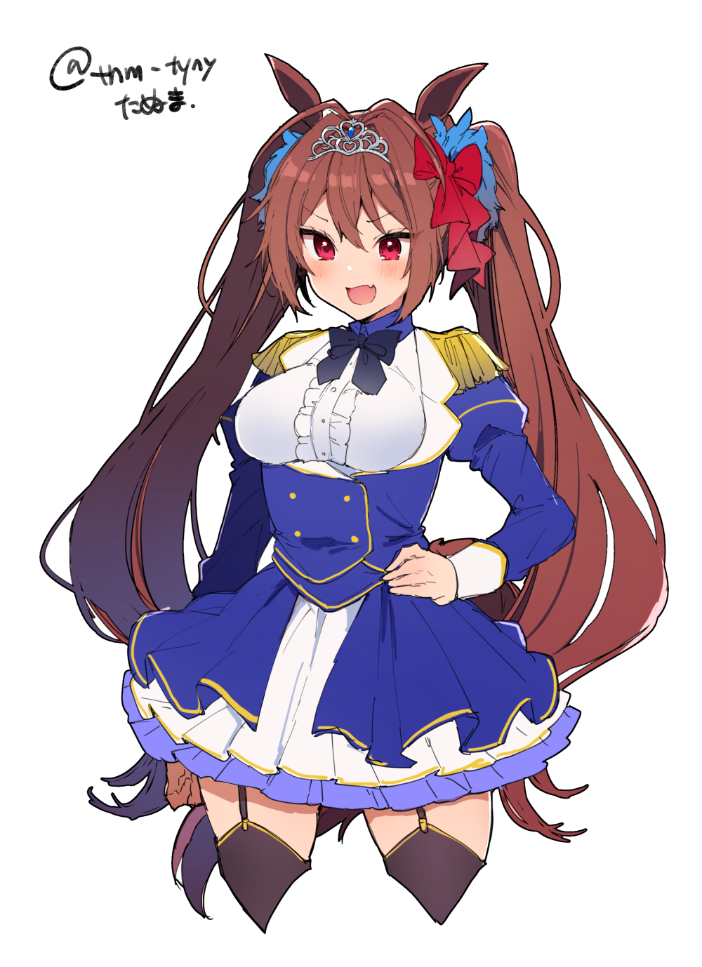 1girl :d animal_ears black_legwear blue_jacket blue_skirt blush bow brown_hair cropped_legs daiwa_scarlet_(umamusume) diadem epaulettes fang garter_straps hair_bow hand_on_hip highres horse_ears ikeuchi_tanuma jacket juliet_sleeves long_hair long_sleeves looking_at_viewer miniskirt open_mouth puffy_sleeves red_bow red_eyes simple_background skin_fang skirt smile solo standing thigh-highs twintails twitter_username umamusume very_long_hair white_background