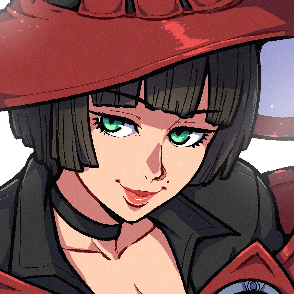 1girl akairiot bangs black_hair commission eyebrows_visible_through_hair green_eyes guilty_gear guilty_gear_strive hat i-no looking_at_viewer mole mole_above_mouth red_headwear short_hair smile solo