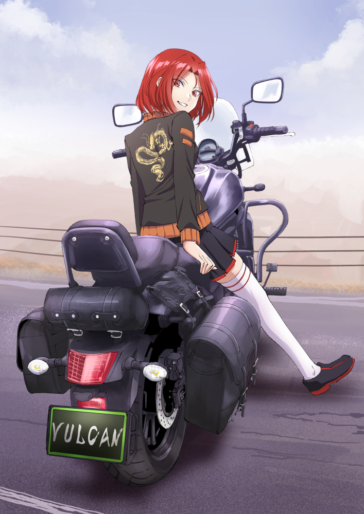 1girl black_footwear black_jacket black_skirt driving ground_vehicle ishii_hisao jacket looking_at_viewer looking_back medium_hair motor_vehicle motorcycle original pleated_skirt red_eyes redhead road shoes sitting skirt smile solo thigh-highs white_legwear