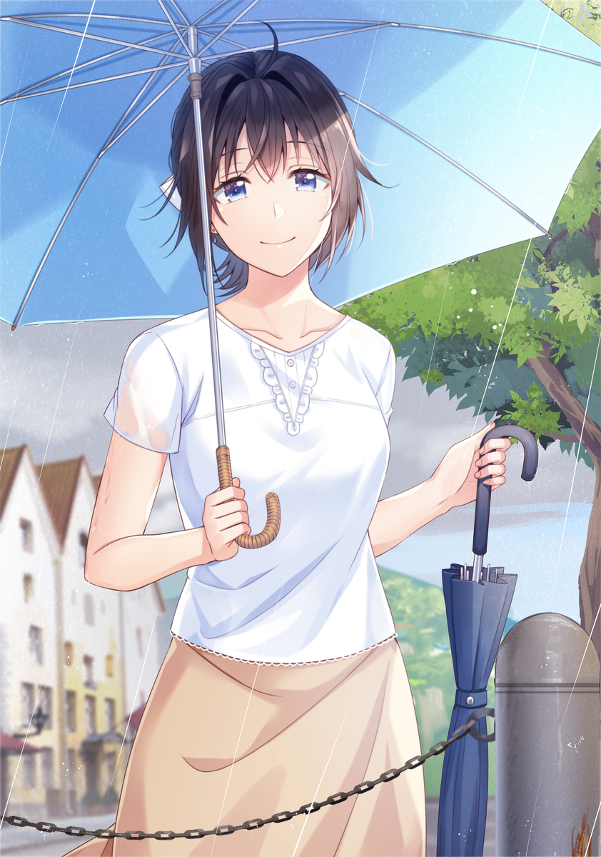 1girl ahoge bangs black_hair blue_eyes blue_umbrella blurry blurry_background breasts brown_skirt chain closed_mouth closed_umbrella commentary_request day depth_of_field eyebrows_visible_through_hair hair_between_eyes hair_intakes highres holding holding_umbrella looking_at_viewer mono_lith original outdoors rain see-through shirt short_sleeves skirt small_breasts smile solo tree umbrella wet wet_clothes wet_shirt white_shirt