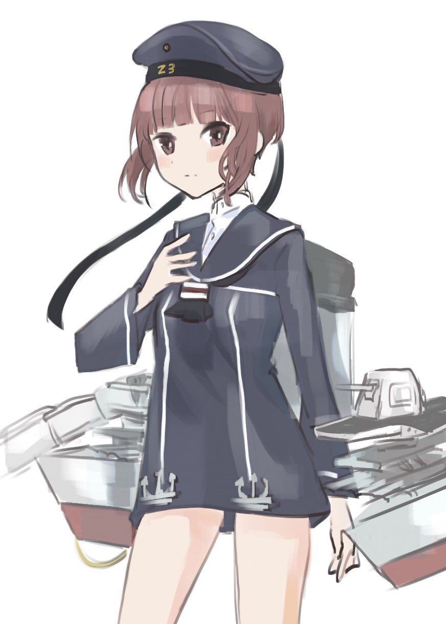 1girl bangs blue_dress blue_headwear blue_sailor_collar blush brown_eyes brown_hair closed_mouth clothes_writing dress hand_on_own_chest hat highres kantai_collection long_sleeves momosio2f rigging sailor_collar sailor_dress short_hair sidelocks simple_background solo white_background z3_max_schultz_(kancolle)