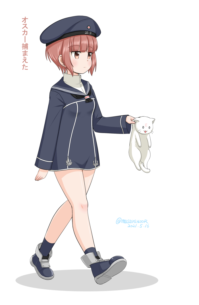1girl black_neckwear blue_dress blue_footwear blue_headwear blue_sailor_collar brown_eyes cat clothes_writing commentary_request dated dress full_body hat holding kantai_collection masara_(chuujou) neckerchief sailor_collar sailor_dress sailor_hat shoes short_hair simple_background sneakers solo translation_request twitter_username white_background z3_max_schultz_(kancolle)