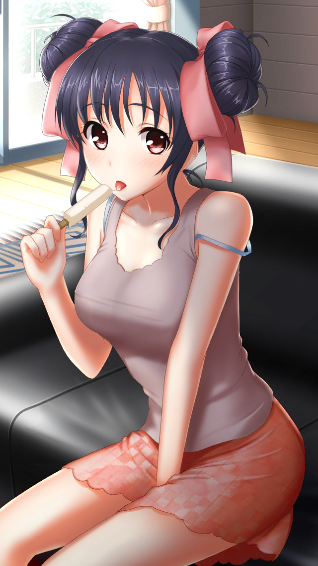 1girl bangs black_hair breasts brown_eyes collarbone double_bun doukyuusei_2 doukyuusei_another_world food game_cg grey_shirt hair_between_eyes hair_ribbon indoors leaning_forward medium_breasts medium_hair miniskirt narusawa_yui official_art pink_ribbon pink_skirt popsicle ribbon shiny shiny_hair shirt sitting skirt sleeveless sleeveless_shirt solo strap_slip tied_hair tongue tongue_out