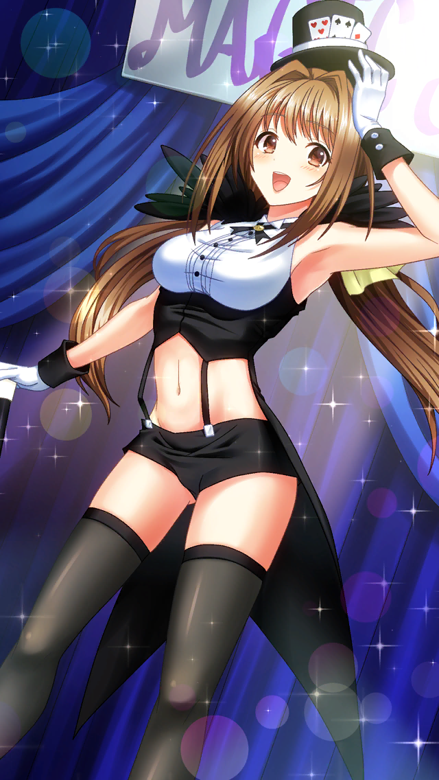 1girl :d armpits ass_visible_through_thighs bangs black_headwear black_legwear black_shorts breasts brown_eyes brown_hair card crop_top doukyuusei_another_world eyebrows_visible_through_hair floating_hair game_cg gloves hair_intakes hat kakyuusei_2 lens_flare long_hair medium_breasts midriff navel official_art open_mouth saimon_tamaki shiny shiny_clothes shiny_hair shiny_legwear short_shorts shorts sleeveless smile solo sparkle standing stomach suspender_shorts suspenders thigh-highs twintails very_long_hair white_gloves zettai_ryouiki