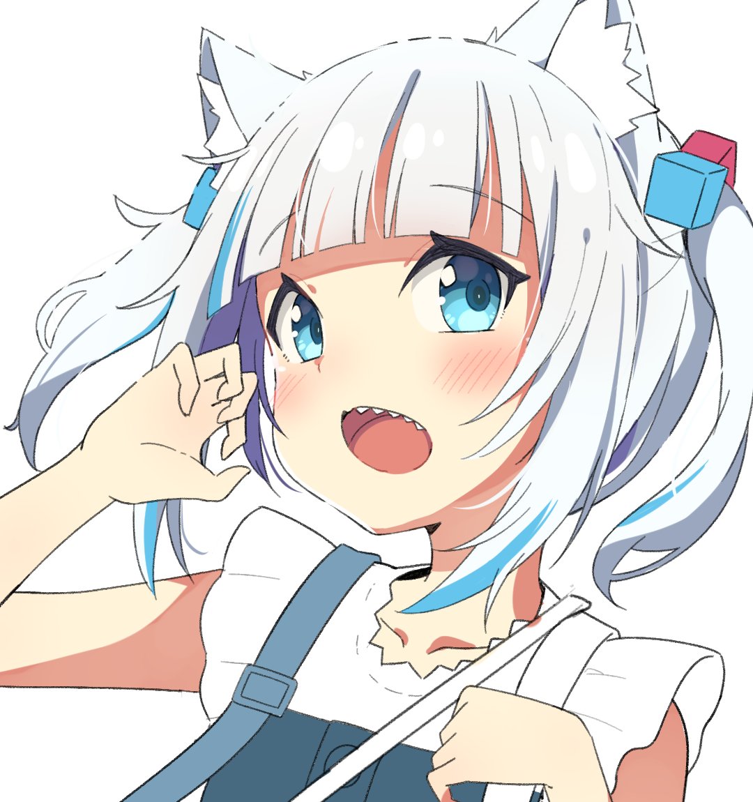 1girl animal_ear_fluff animal_ears bangs blue_dress blue_eyes blue_hair blush cat_ears claw_pose collarbone commentary_request dress eyebrows_visible_through_hair gawr_gura hair_cubes hair_ornament hands_up hololive hololive_english looking_at_viewer multicolored_hair okota_mikan open_mouth sharp_teeth shirt silver_hair simple_background solo streaked_hair teeth twintails upper_body virtual_youtuber white_background white_shirt