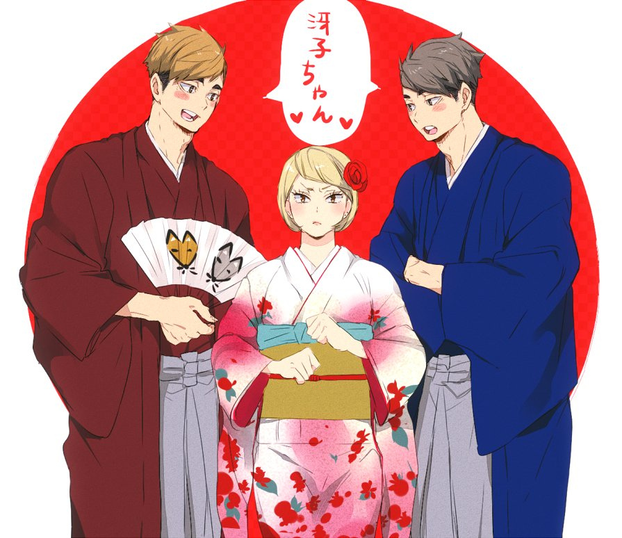 1girl 2boys adam's_apple age_difference alternate_costume blonde_hair blue_kimono blush blush_stickers brothers clenched_hands earrings ebi_(eeemimn) eyebrows eyelashes fan floral_print flower folding_fan grey_hair grin haikyuu!! hair_flower hair_ornament half-closed_eyes hands_in_opposite_sleeves hands_up heart height_difference holding holding_fan japanese_clothes jewelry kanzashi kimono looking_at_another miya_atsumu miya_osamu multicolored_hair multiple_boys obi open_mouth pink_lips print_kimono red_flower red_kimono sash short_hair siblings smile speech_bubble spoken_heart standing stud_earrings tanaka_saeko_(haikyuu!!) teeth tongue twins two-tone_hair v-shaped_eyebrows wide_sleeves yukata