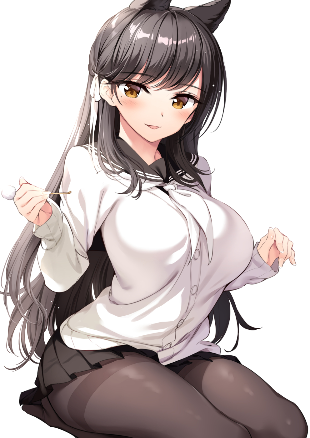 1girl animal_ears atago_(azur_lane) atago_(school_daydream)_(azur_lane) azur_lane black_hair black_legwear black_sailor_collar black_skirt commentary_request dog_ears extra_ears highres long_hair mimikaki mole mole_under_eye oryou pantyhose pleated_skirt ribbon sailor_collar sailor_shirt school_uniform serafuku shirt simple_background sitting skirt solo wariza white_background white_ribbon white_shirt