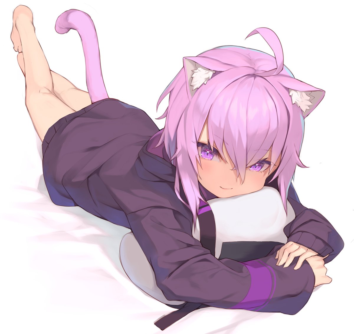 1girl ahoge animal_ear_fluff animal_ears bangs barefoot cat_ears cat_girl cat_tail crossed_bangs drawstring eyebrows_visible_through_hair food hair_between_eyes hololive hood hoodie long_sleeves looking_at_viewer lying nekomata_okayu no_pants onigiri purple_hair shindou_kamichi short_hair sidelocks sleeves_past_wrists smile solo tail violet_eyes virtual_youtuber