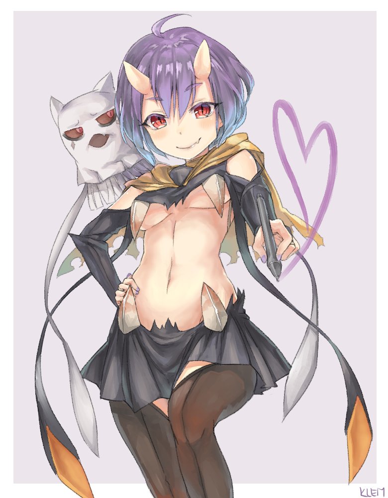 1girl ahoge artist_name black_skirt breasts closed_mouth copyright_request demon_girl detached_sleeves fang ghost hair_between_eyes hand_on_hip heart holding horns klem medium_breasts midriff miniskirt multicolored_hair oni_horns purple_hair red_eyes revealing_clothes skin-covered_horns skin_fang skirt slit_pupils smile standing thigh-highs under_boob