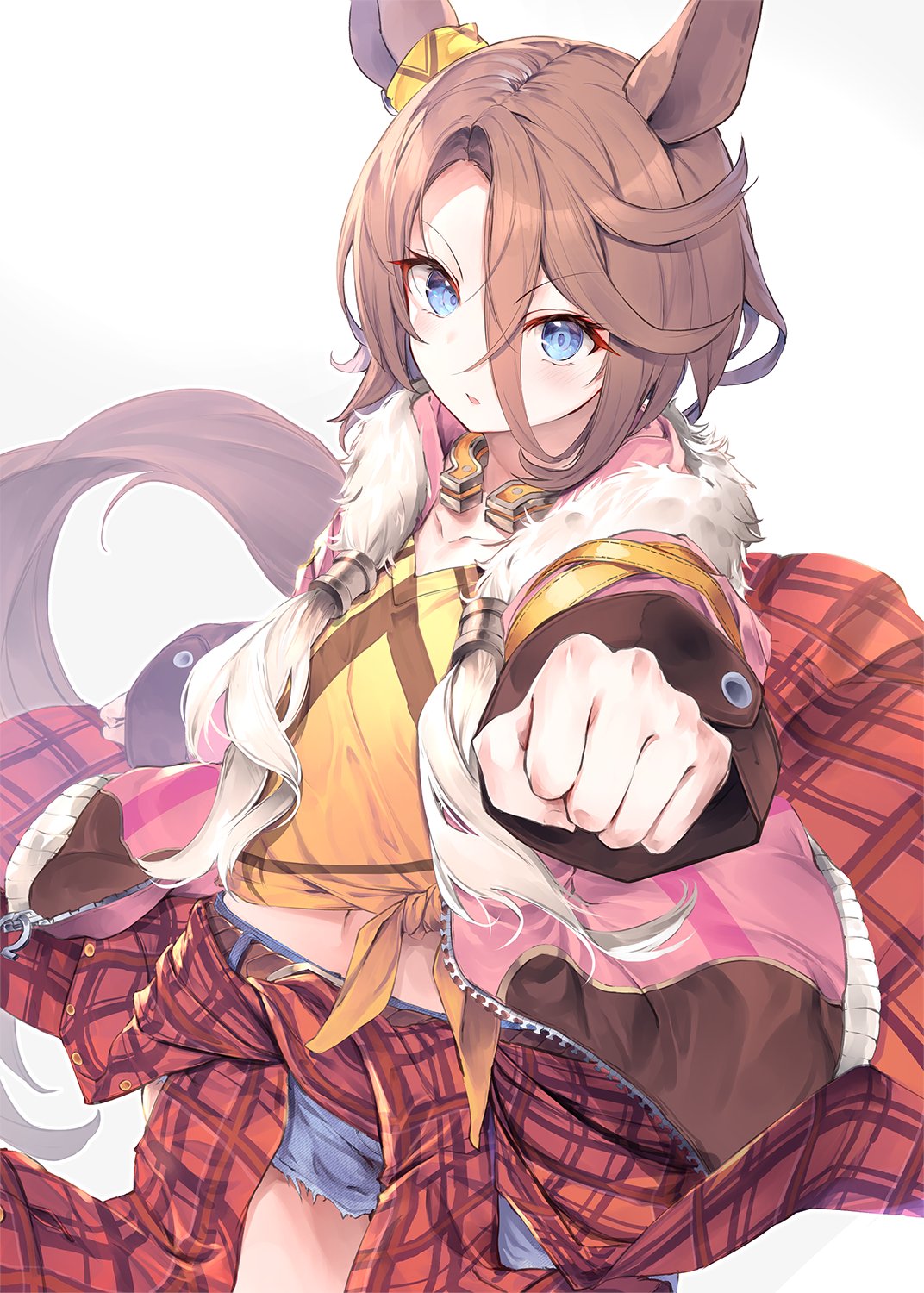 animal_ears belt blue_eyes brown_belt brown_hair cardigan collarbone cowboy_shot denim denim_shorts fal_maro fur-trimmed_sweater fur_trim highres horse_ears horse_girl horse_tail horseshoe looking_at_viewer midriff_peek narita_taishin_(umamusume) navel open_cardigan open_clothes open_mouth outstretched_hand pink_sweater plaid shirt short_hair shorts simple_background sweater tail umamusume v-shaped_eyebrows white_background yellow_shirt