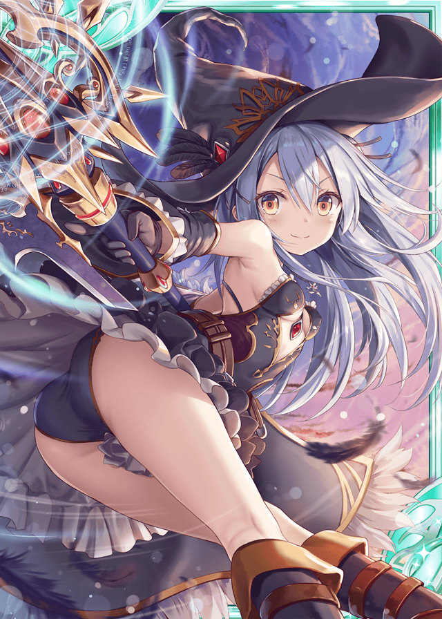 &gt;:) 1girl akkijin armpits ass bare_shoulders boots breasts dress feathers frills hat holding holding_staff holding_weapon looking_at_viewer official_art shinkai_no_valkyrie silver_hair small_breasts staff underwear weapon witch witch_hat yellow_eyes