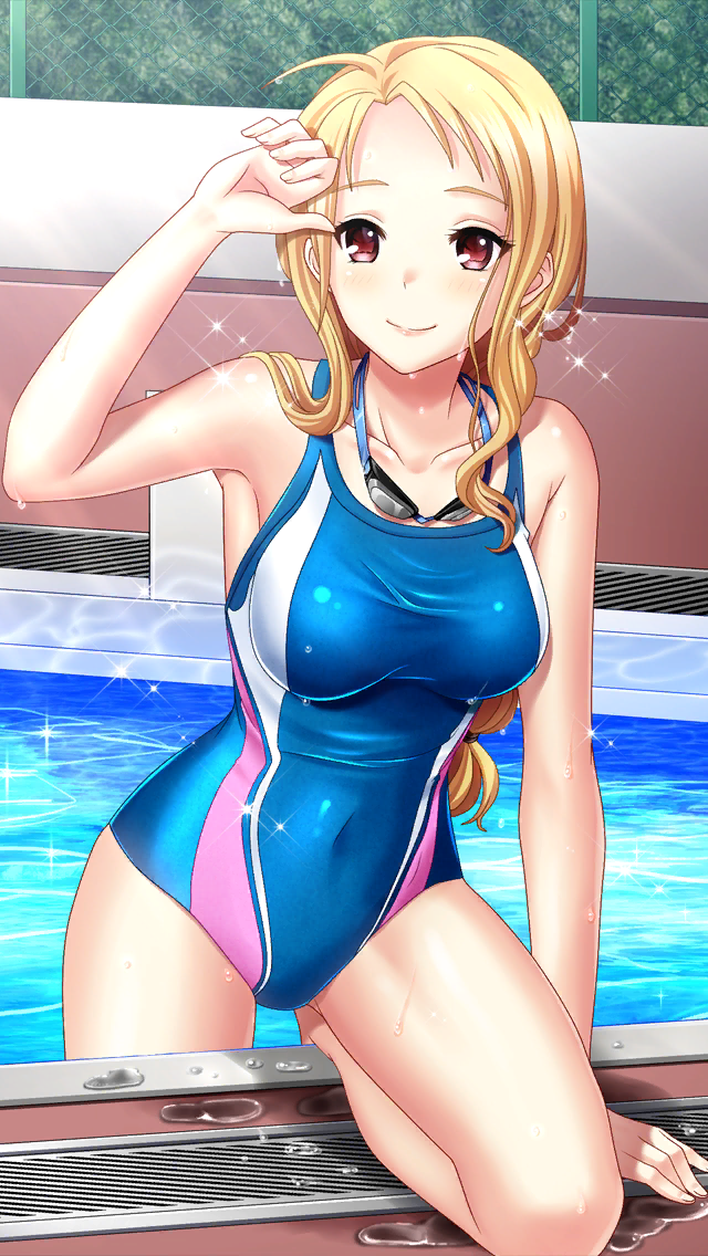 1girl ahoge barefoot blue_swimsuit breasts brown_hair closed_mouth collarbone competition_school_swimsuit covered_navel day doukyuusei_2 doukyuusei_another_world game_cg large_breasts long_hair maijima_karen official_art one-piece_swimsuit one_knee outdoors pool poolside red_eyes school_swimsuit smile solo sparkle sunlight swimsuit