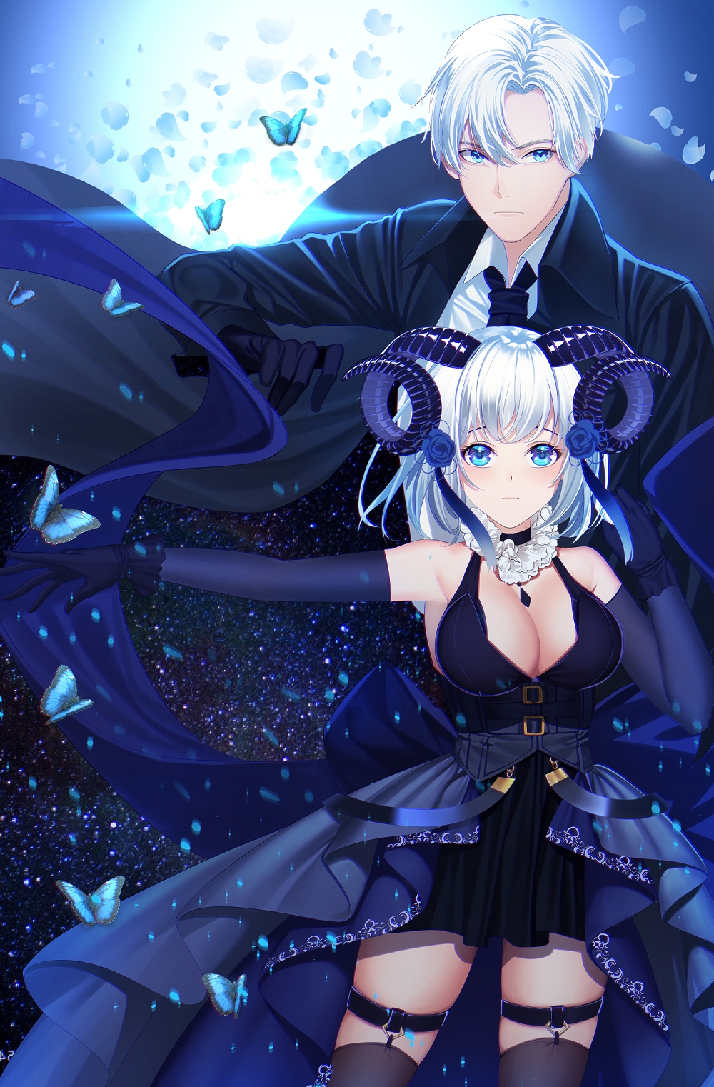 1boy 1girl animal bare_shoulders black_coat black_gloves black_neckwear blue_butterfly blue_eyes blue_flower blue_gloves blue_horns blue_rose blue_theme blush brown_legwear bug butterfly closed_mouth coat corset curled_horns demon_girl dhfz181 dress elbow_gloves flower frilled_gloves frills gloves gradient hair_between_eyes hair_flower hair_ornament highres horns insect lens_flare looking_at_viewer medium_hair necktie open_clothes open_coat original petals rose sky star_(sky) starry_sky thigh-highs thigh_strap white_hair